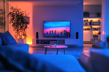 A living room with a television on a wall and a couch in the foreground. The television is showing a cityscape