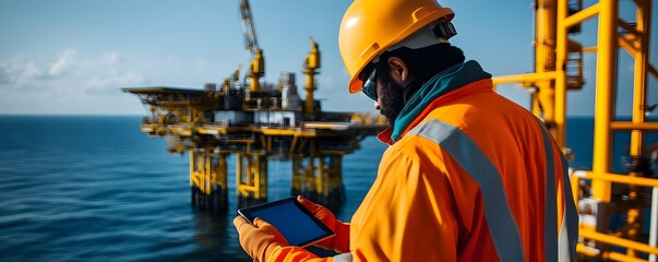 Oil rig technician in safety gear, focused on a tablet, with the sprawling rig infrastructure and endless ocean horizon in the background