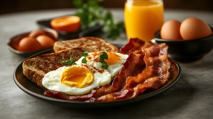 A rustic breakfast spread with eggs, bacon, toast, and freshly squeezed orange juice