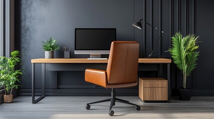 Modern Home Office with Desk, Computer, and Leather Chair