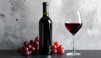 Obraz premium Bottle and glass of red wine on black table. concrete wall background