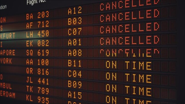 Airport departure board displaying Flight cancellations statuses. Illustrates real-time airport operations and potential travel disruptions. Ultra HD 4K 3D animation