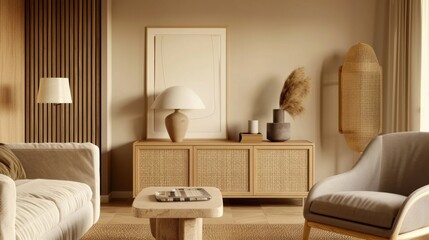 A modern living room with warm, neutral tones and natural textures, featuring stylish furniture and decorative elements.