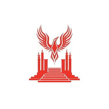 recommend clip art: Phoenix Rising from Temple Ruins - Transformative Logo Design in Red Line Art Style