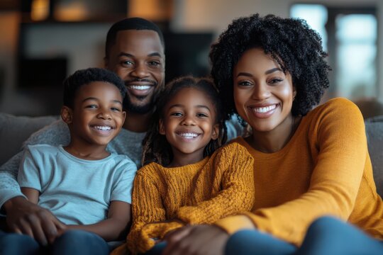 A family of four, two adults and two children, are sitting on a couch and smiling. Scene is happy and warm, as the family appears to be enjoying each other's company