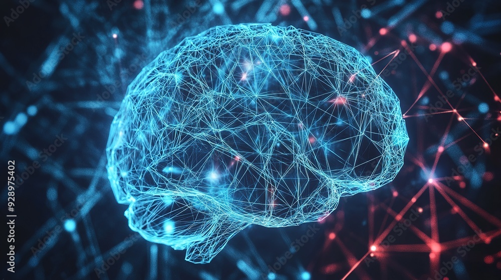 Poster colorful digital representation of a brain with interconnected lines and nodes in a dark background