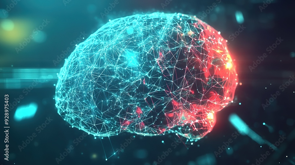 Poster digital representation of a brain composed of interconnected nodes and glowing lines in a futuristic