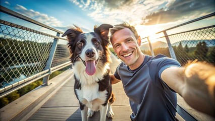 Joyful athlete captures a sunny moment with loyal border collie companion on a scenic outdoor bridge, smiling for a memorable mobile phone selfie.