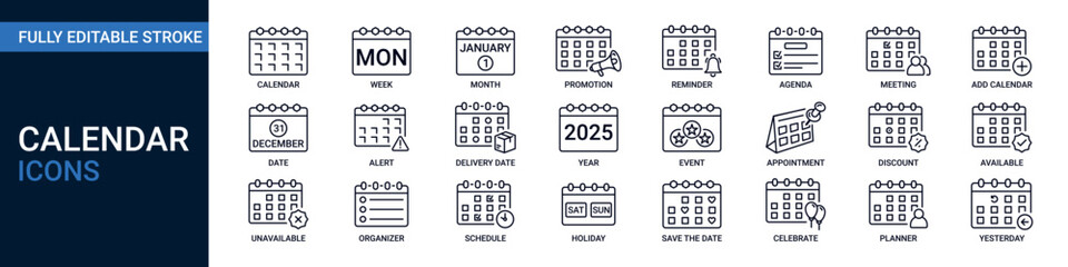 Calendar editable stroke icon set. Contains date, week, year, promotion, schedule, discount, holiday, agenda, event line icon collection. Vector illustration