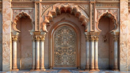 Intricate archways and detailed door design in a historic palace courtyard during sunset