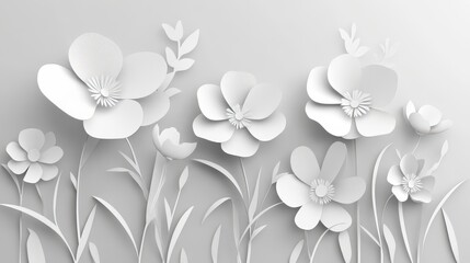 A minimalist paper-cut design featuring various white flowers and leaves on a light background.