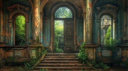 Fototapeta premium Overgrown entrance of an abandoned building surrounded by lush greenery in daylight