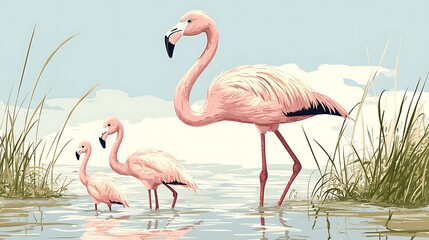 Fototapeta premium Tranquil Flamingo Family: Sweet Cartoon Illustration of Chicks and Adult Wading in Savannah Waters