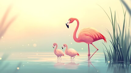 Fototapeta premium Tranquil Flamingo Family in Savannah Waters - Cartoon Style Digital Illustration