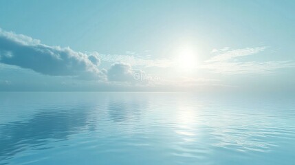 Obraz premium Tranquil Horizon: A serene and tranquil scene unfolds across a vast, azure expanse of water, where the sun casts a warm, golden glow upon the clouds that drift effortlessly across the sky.