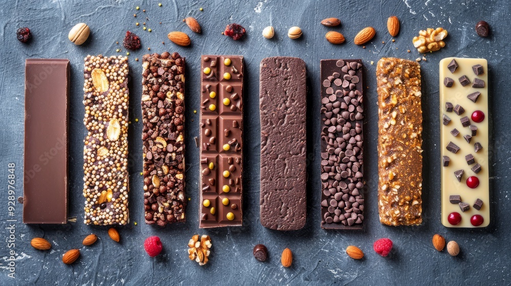 Poster assorted chocolate bars with nuts and fruits arranged on a textured surface