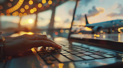 Close-up of fingers typing on a keyboard, booking flights online