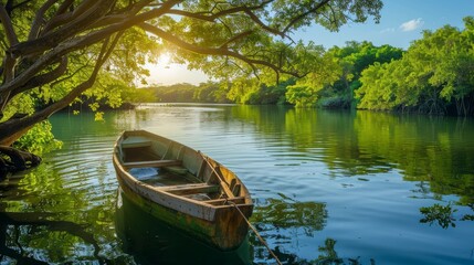 Obraz premium A wooden boat rests in a calm river, surrounded by lush greenery and a blue sky. The sun shines through the trees, casting a warm glow on the water.