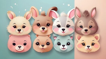 Cute animal faces on a pastel background, adorable and fun.