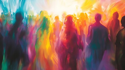 Abstract painting of a crowd of people in colorful hues