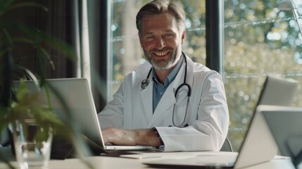 A doctor beams with positivity as he interacts with a patient online, set against the backdrop of a bright and airy office.