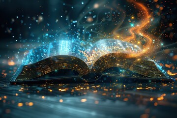Open magic book with glowing pages.
