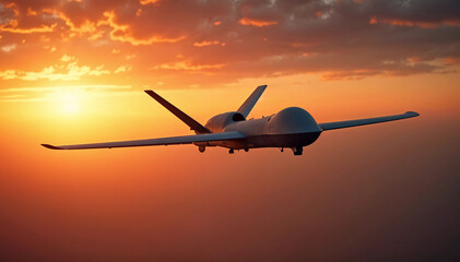 A drone flies against a dramatic sunset sky, with light and shadow accentuating its sleek form, leaving space for text and depth.