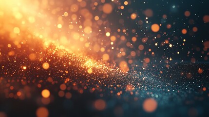Abstract background with glowing particles and bokeh lights in orange, blue and red hues.
