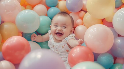 Obraz premium A happy baby surrounded by colorful balloons, laughing joyfully, creating a scene of pure innocence and happiness.
