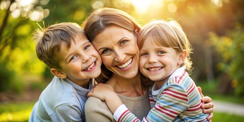 Fototapeta premium Joyful mother embracing two happy children, beaming with smiles, in a loving portrait, capturing tender family moments, happiness, and togetherness in a serene outdoor setting.
