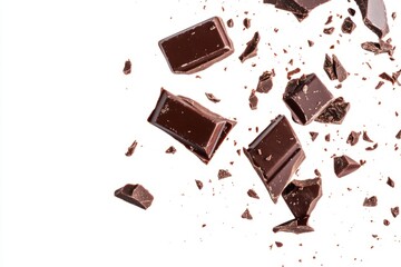 Delicious dark chocolate pieces flying in the air. A creative close-up shot highlighting the texture and sweetness. Perfect for culinary art and indulgence. Generative AI