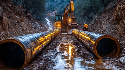 Construction of Large Underground Pipelines with Excavator in Remote Mountainous Terrain