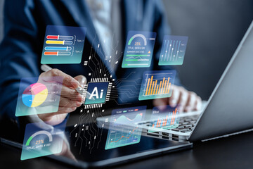 Businesswomen use a stylus pen connecting artificial intelligence AI circuit board to analyze data...