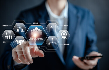 Businesswoman with virtual icon, HR, Process of introducing a newly hired employee into...