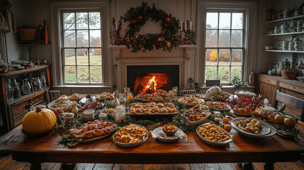 Rustic Thanksgiving Feast Spread in Cozy Farmhouse with Warm Fireplace and Autumn Views