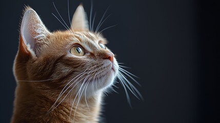 A close-up of an orange cat gazing upwards with striking green eyes and delicate whiskers against a dark backdrop.