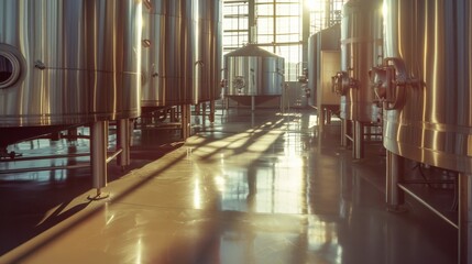 Stainless steel tanks in a modern brewery glow under the soft light, highlighting the industrial precision and cleanliness.