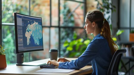 Fototapeta premium A woman intensely working on a detailed map on a large screen in a modern, natural-lit workspace.
