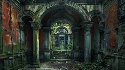 Fototapeta premium Overgrown ruins of an abandoned building with arches and moss in daylight