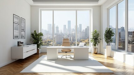 Spacious home office with big windows overlooking a city skyline