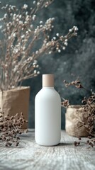 Elegant white bottle mockup with wooden cap on rustic wooden surface and blurred natural background, ideal for luxury cosmetic and beauty product branding