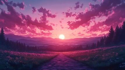 Serene Nature Scene with a Lush Meadow, Blue Sky, and Sunlit Wildflowers Promoting Tranquility and Mindfulness