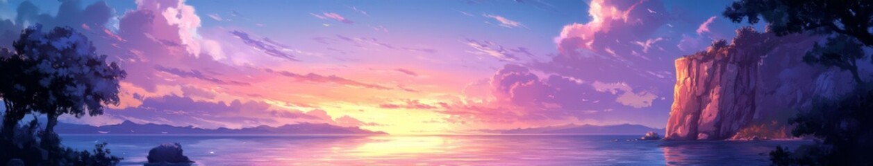 Obraz premium Serene Lakeside Haven: anime-style Illustration of a Peaceful and Cozy Cabin at Sunset, Embracing the Enchanted Tranquility of Nature's Twilight,Anime-Style,illustration,Picture BooksFor Poster,Novel,