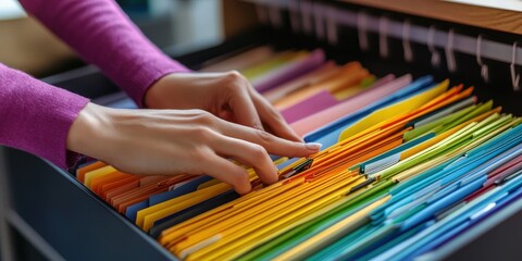 searching for documents. A person's hands are pulling out various colored documents from an open file cabinet.