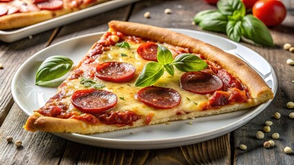 Juicy slice of freshly baked pepperoni pizza sits solitary on a crisp white plate, garnished with a sprinkle of parmesan cheese and fresh basil.