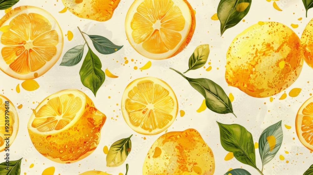Poster vibrant lemon pattern with slices and leaves on a light background