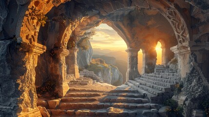 Obraz premium Ancient stone architecture with arches during sunset in a mountainous landscape
