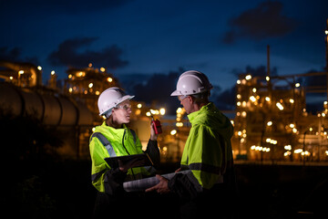 Engineers wear uniform and helmet stand in holding tablet computer , survey inspection work plant site use radio communication to communication with night lights oil refinery background.