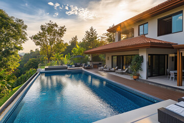 Fototapeta premium Pool villa with swimming pool in the jungle view, Landscape view of modern house with pool for recreation. 