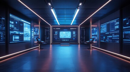 Futuristic empty control room showing charts and data on digital screens